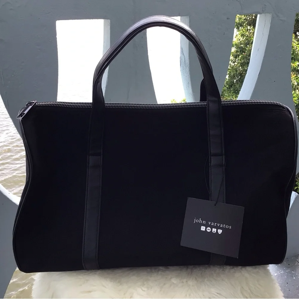 John Varvatos Black Faux Suede and Faux Leather Trim Duffel Bag with Top Handles